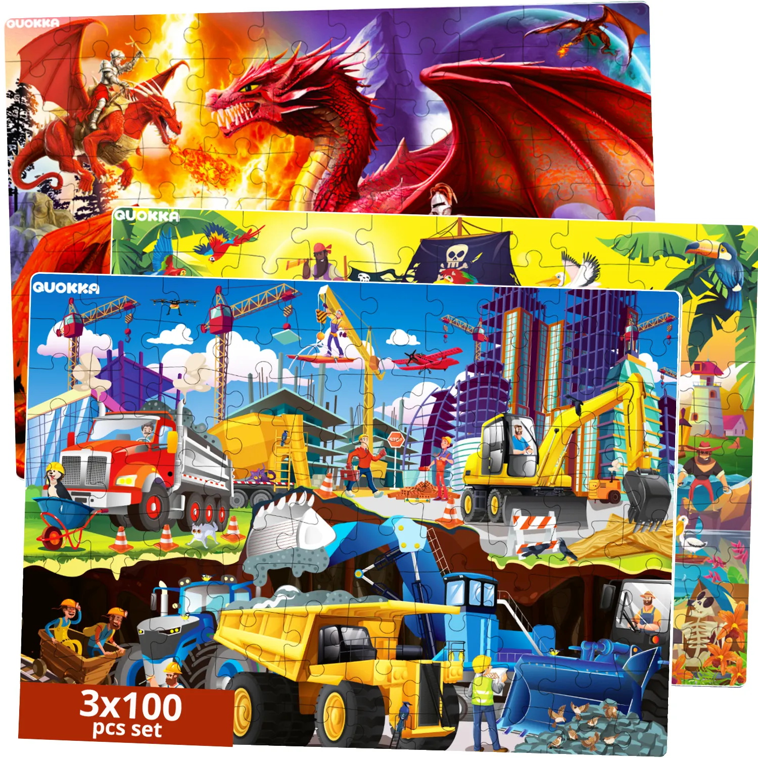 100 Pcs Floor Puzzles for Kids | Pirates, Constructions & Dragons