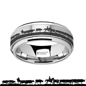 Animal Landscape Herding Cattle Scene Laser Engraved Spinner Tungsten Ring