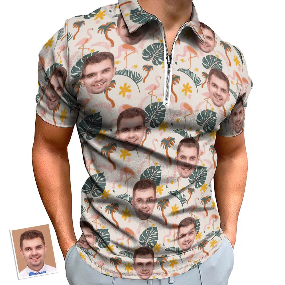 Custom Flamingo Wild Floral Men's Polo Shirt Personalised Face Funny Polo Shirt with Zipper