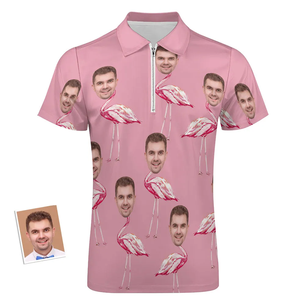 Custom Pink Flamingo Men's Polo Shirt Personalised Face Funny Polo Shirt with Zipper