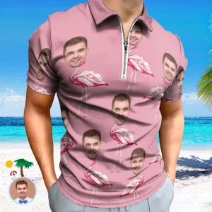 Custom Pink Flamingo Men's Polo Shirt Personalised Face Funny Polo Shirt with Zipper