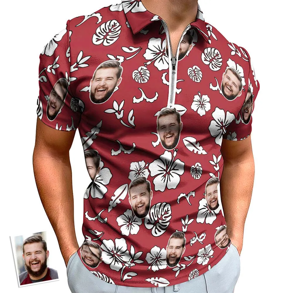 Custom Red Flowers Men's Polo Shirt Personalised Face Funny Polo Shirt with Zipper