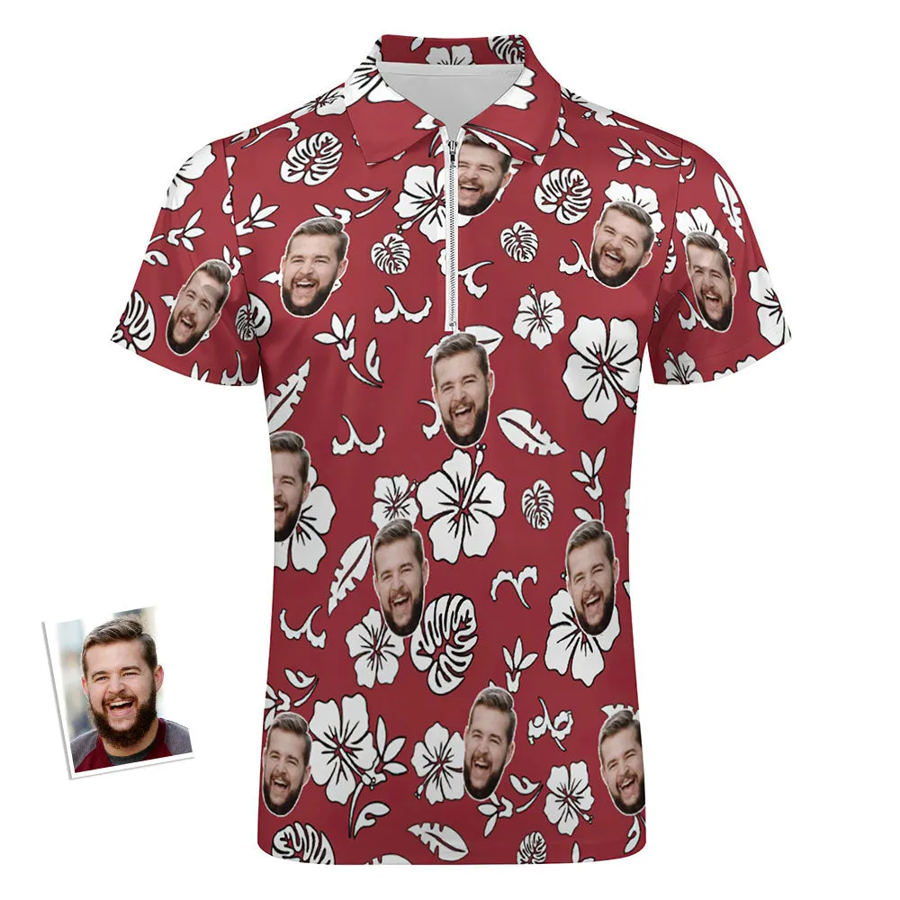 Custom Red Flowers Men's Polo Shirt Personalised Face Funny Polo Shirt with Zipper