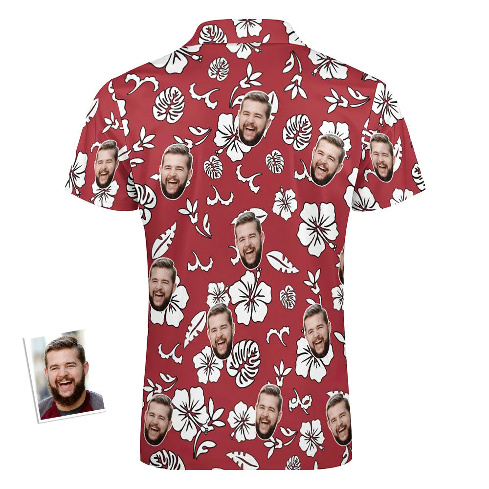 Custom Red Flowers Men's Polo Shirt Personalised Face Funny Polo Shirt with Zipper