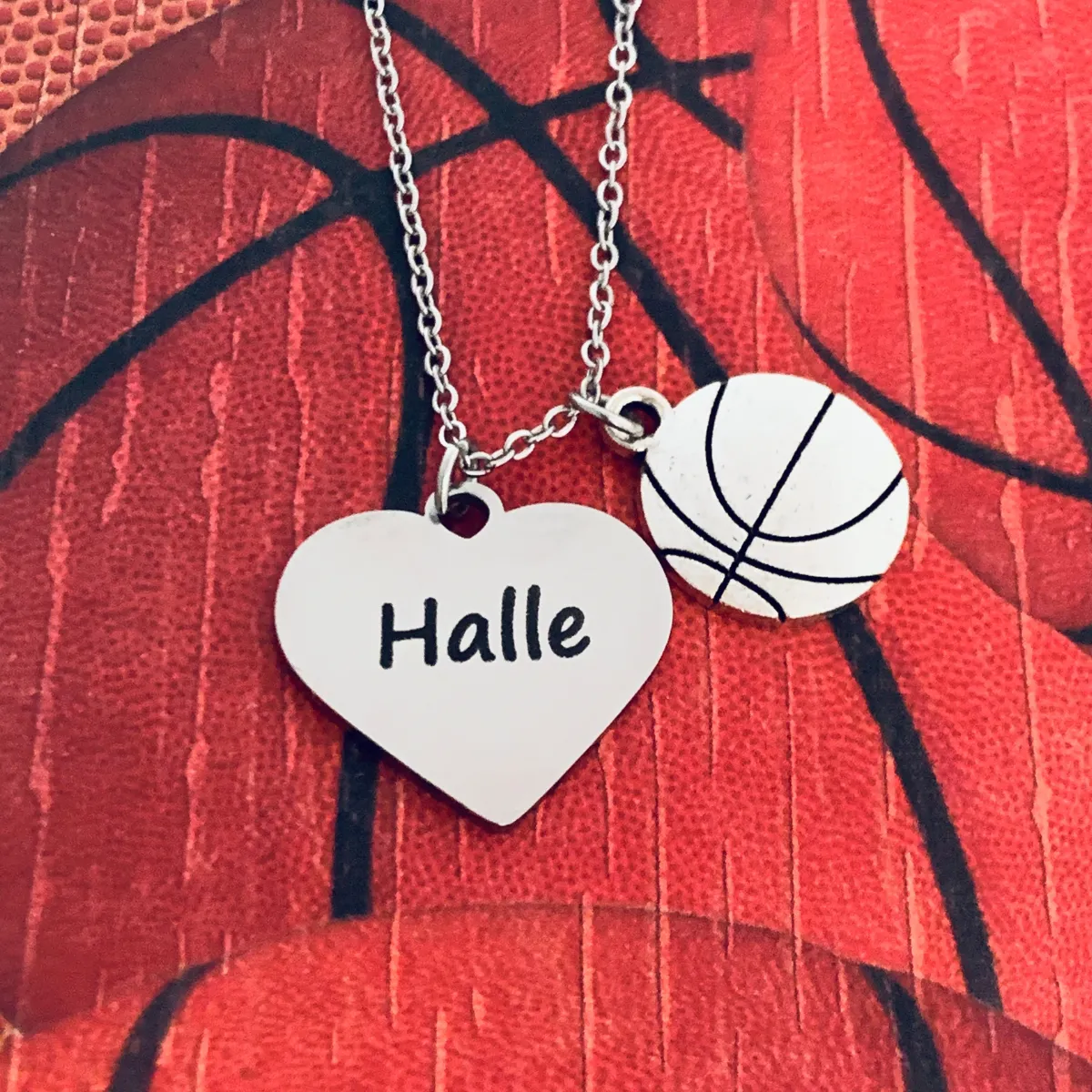 Engraved Basketball Heart Name Necklace