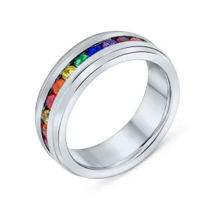 Gay Pride CZ Rainbow Eternity LGBTQ Wedding Band Ring Gold Plated Stainless