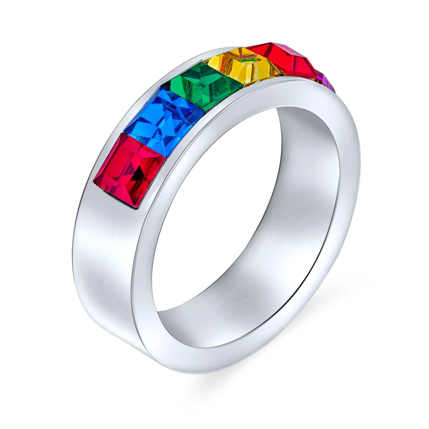 Gay Pride CZ Rainbow Eternity LGBTQ Wedding Band Ring Gold Plated Stainless