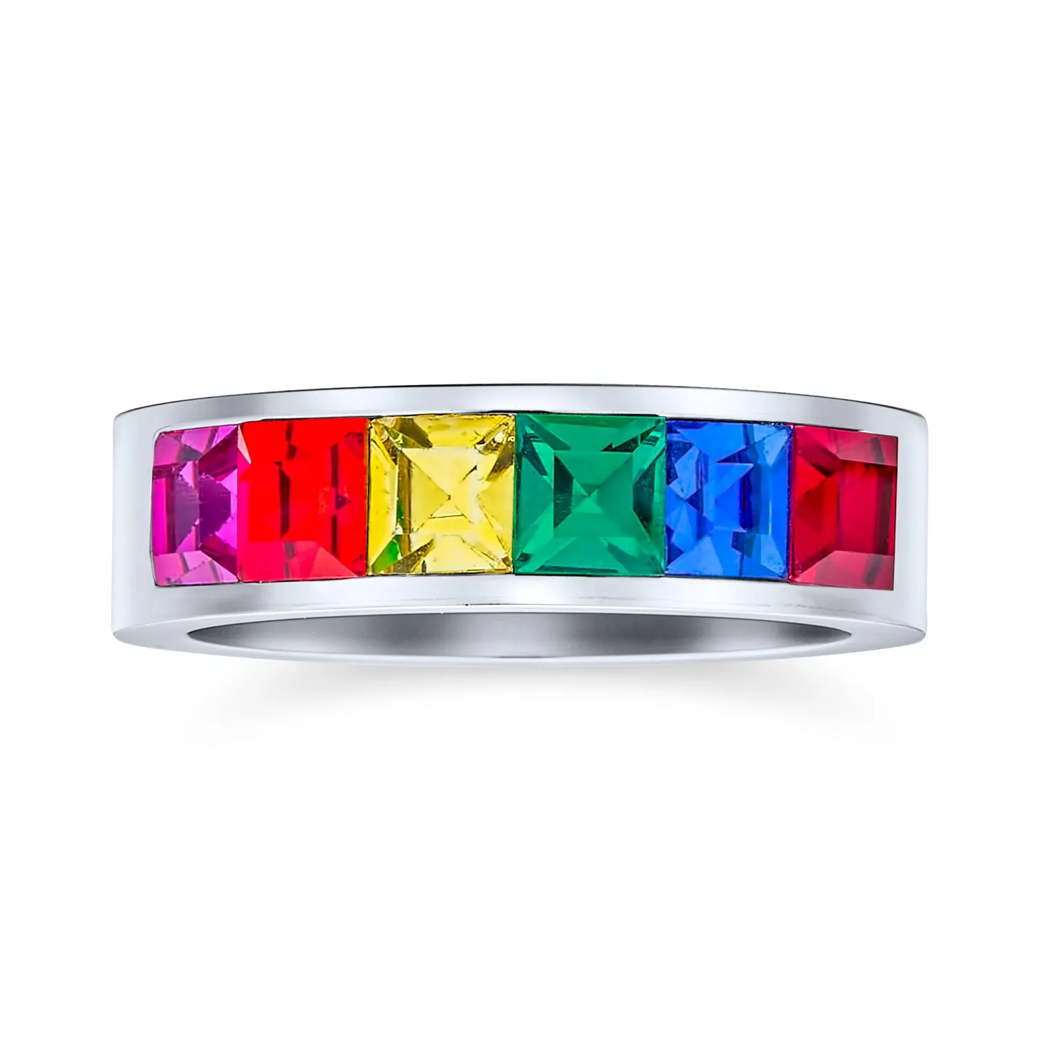 Gay Pride CZ Rainbow Eternity LGBTQ Wedding Band Ring Gold Plated Stainless