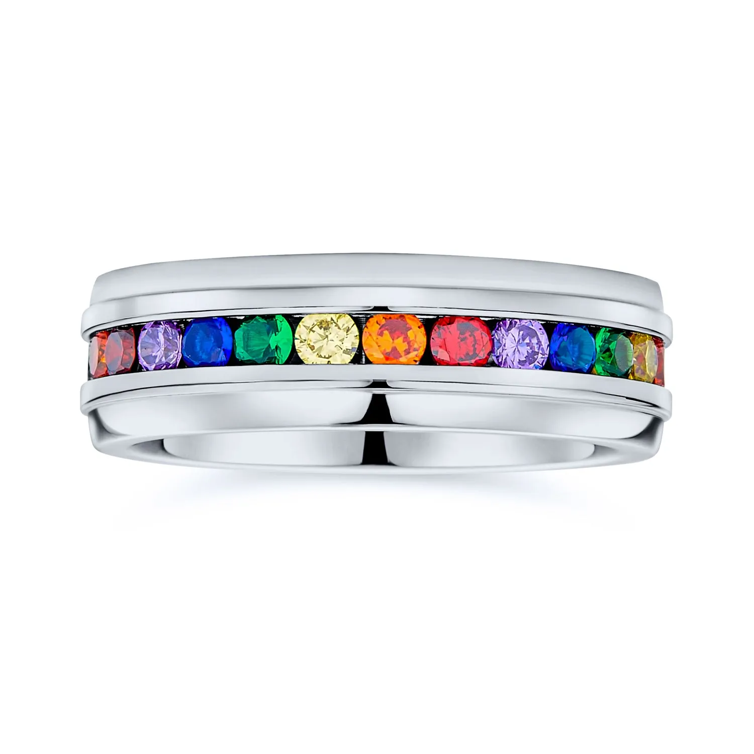 Gay Pride CZ Rainbow Eternity LGBTQ Wedding Band Ring Gold Plated Stainless