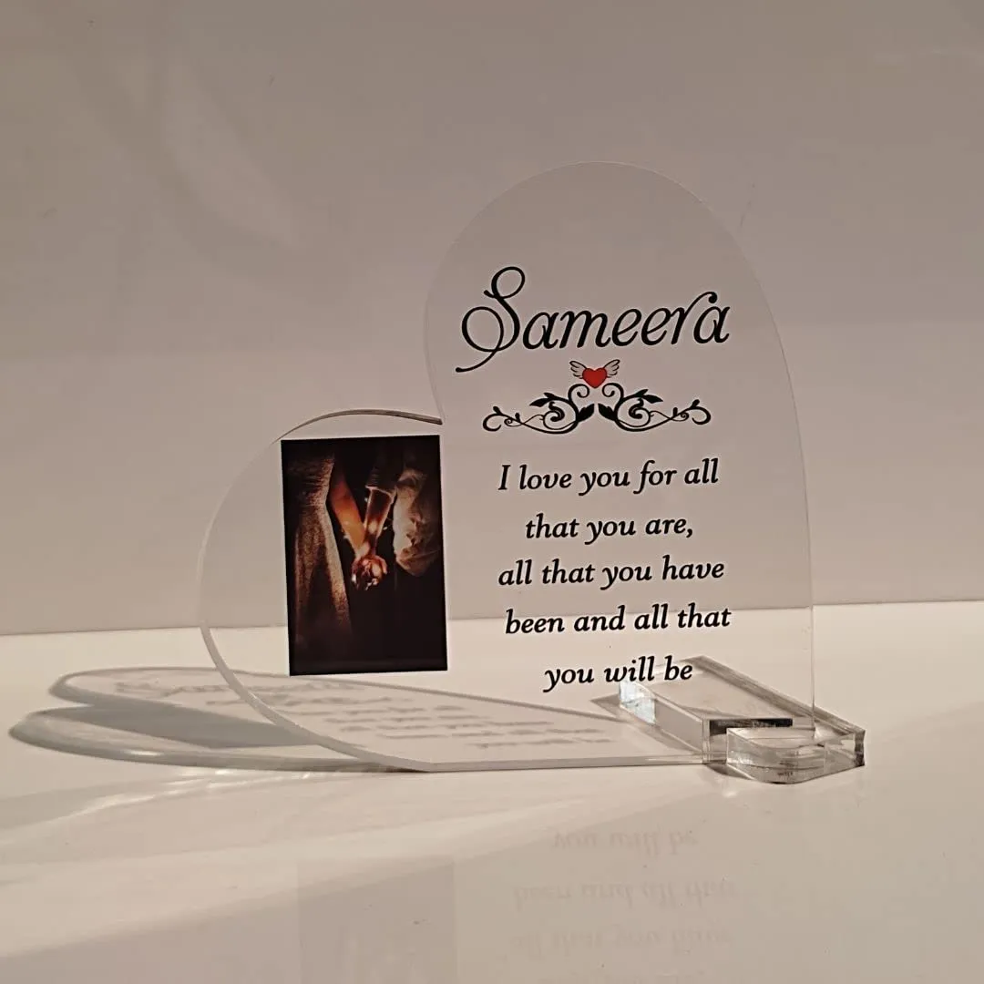 Shaivya Personalised Acrylic Heart Plaque With Photo Frame & Message,Free Standing Plaque,Cute Heart Shaped Gifts,Table Top Acrylic Plaques Heart Shaped,Best Gift For Girlfriend Valentine'S Day Gift