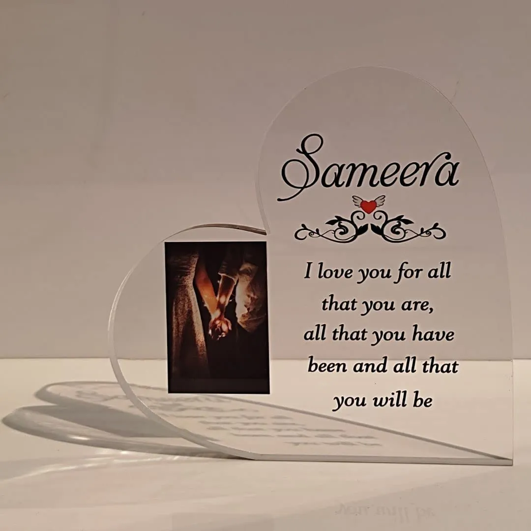 Shaivya Personalised Acrylic Heart Plaque With Photo Frame & Message,Free Standing Plaque,Cute Heart Shaped Gifts,Table Top Acrylic Plaques Heart Shaped,Best Gift For Girlfriend Valentine'S Day Gift