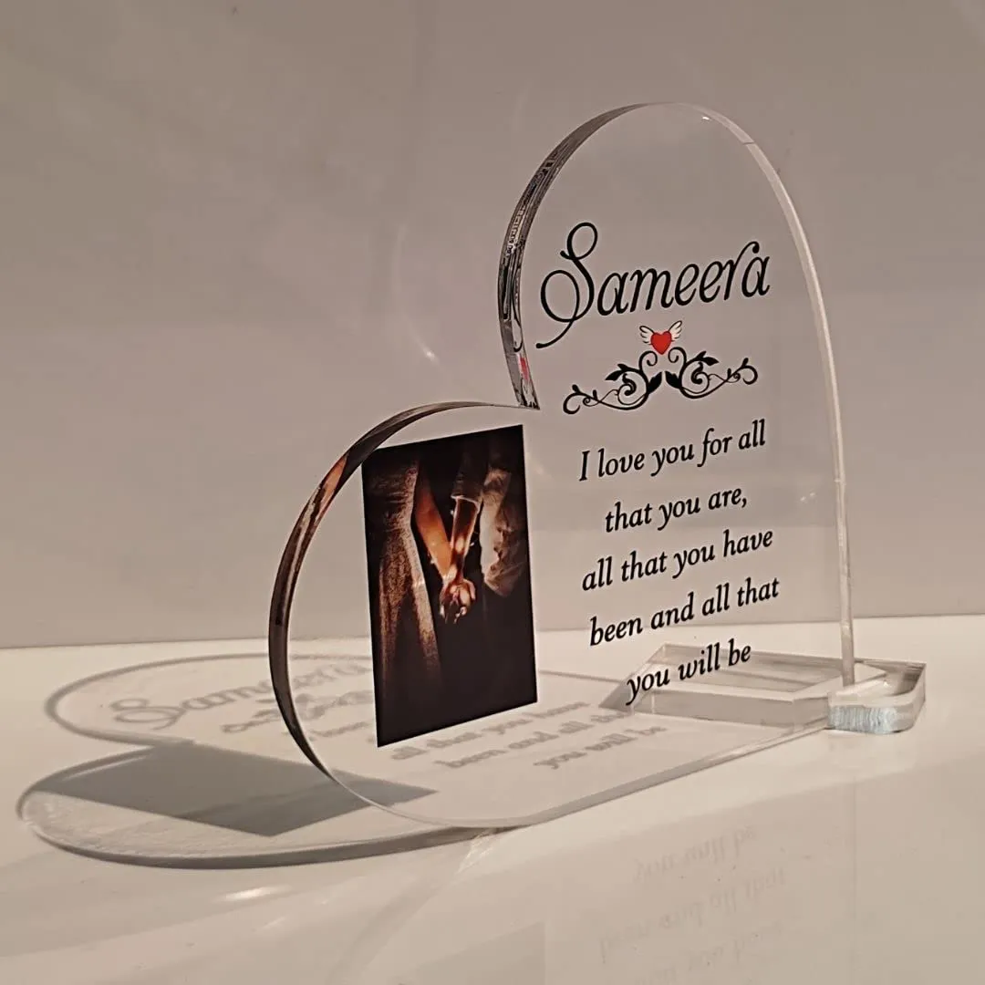 Shaivya Personalised Acrylic Heart Plaque With Photo Frame & Message,Free Standing Plaque,Cute Heart Shaped Gifts,Table Top Acrylic Plaques Heart Shaped,Best Gift For Girlfriend Valentine'S Day Gift