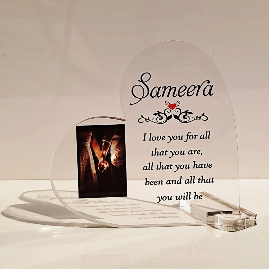 Shaivya Personalised Acrylic Heart Plaque With Photo Frame & Message,Free Standing Plaque,Cute Heart Shaped Gifts,Table Top Acrylic Plaques Heart Shaped,Best Gift For Girlfriend Valentine'S Day Gift