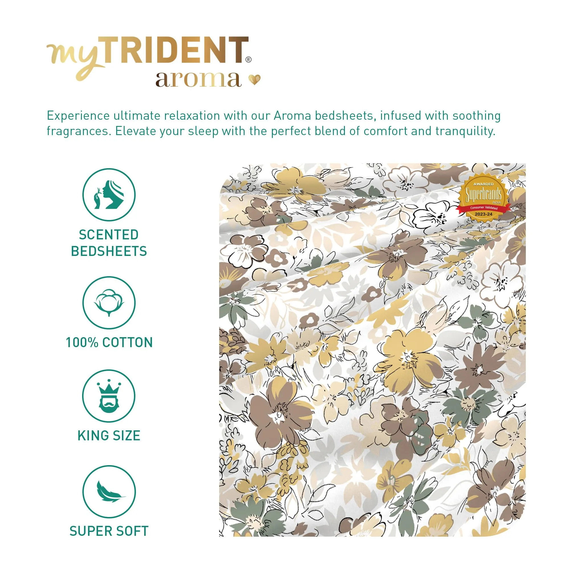 Trident bedsheet Set - Aroma Collection, 100% Cotton Bedsheet for Double Bed (1 King Size Bedsheet with 2 Pillow Covers), Fragrances Added bedsheets, Superior Softness, 144 Thread Count - Vanilla