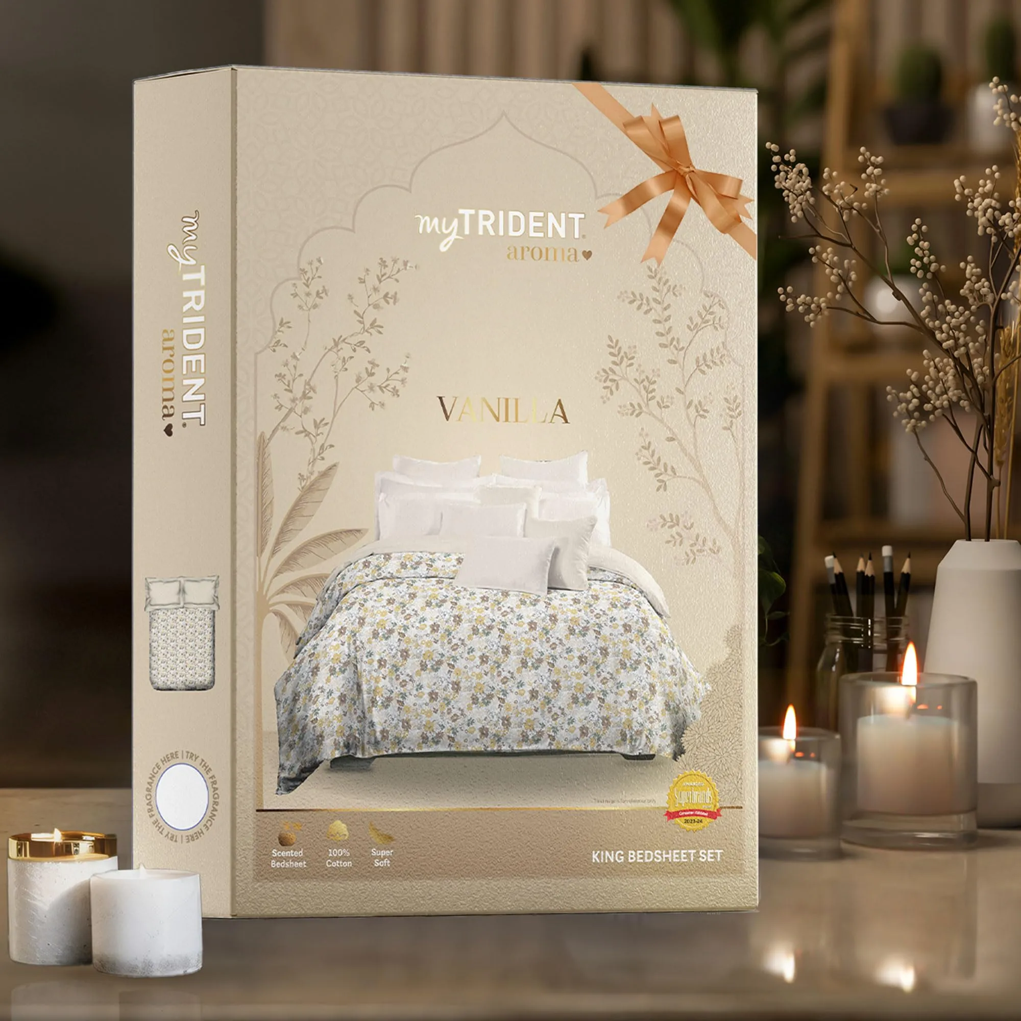 Trident bedsheet Set - Aroma Collection, 100% Cotton Bedsheet for Double Bed (1 King Size Bedsheet with 2 Pillow Covers), Fragrances Added bedsheets, Superior Softness, 144 Thread Count - Vanilla